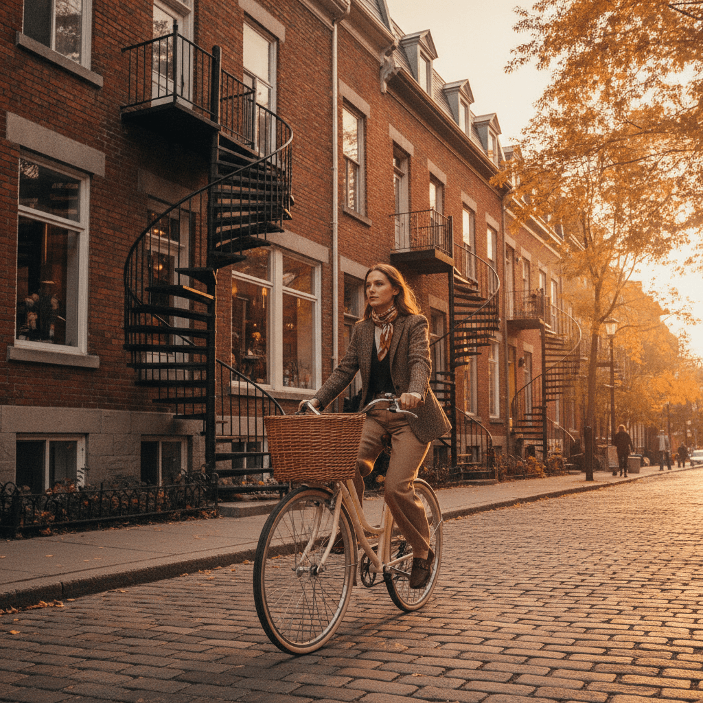 Cyclist riding through Montreal streets at golden hour