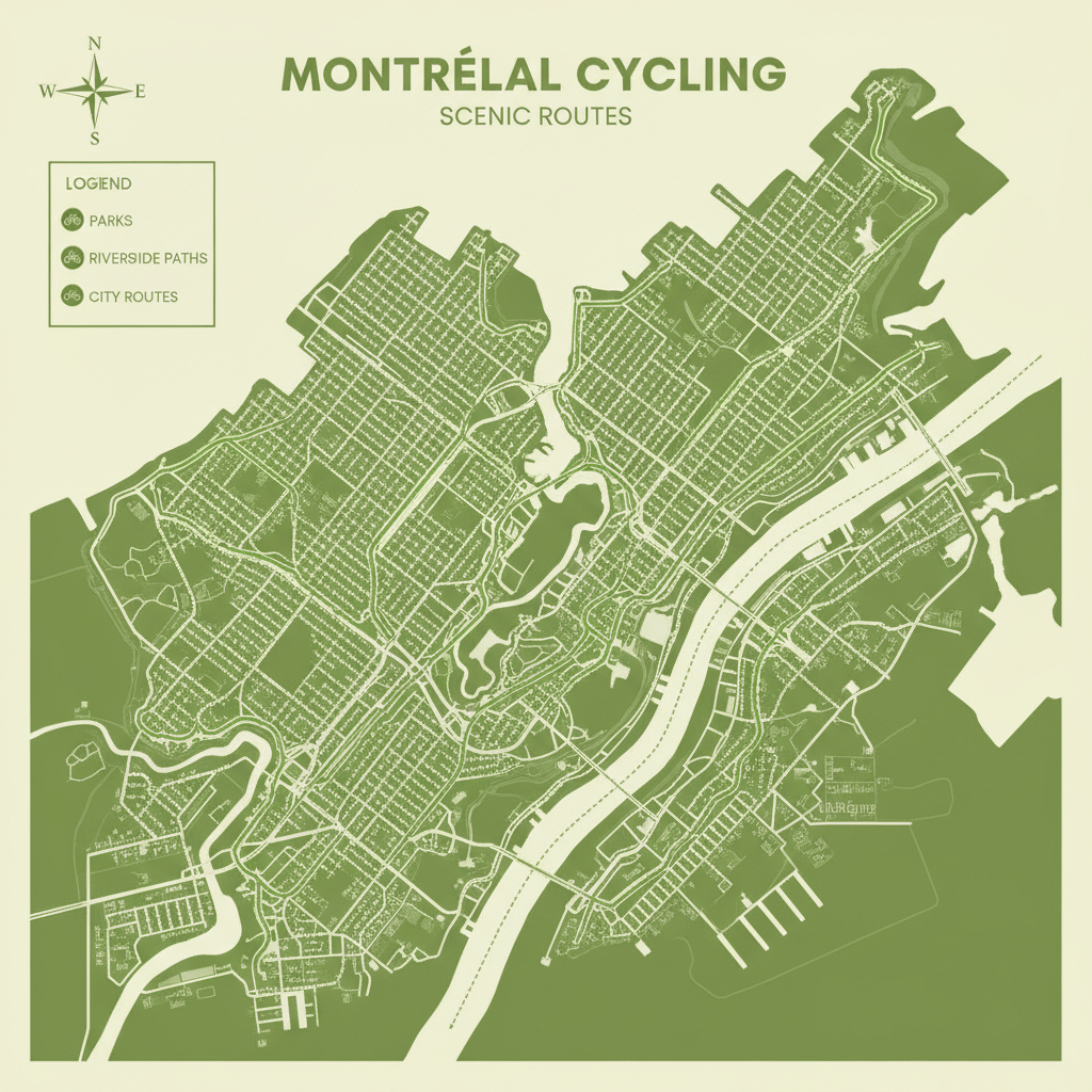 Montreal bike route map showing paths through parks and city streets